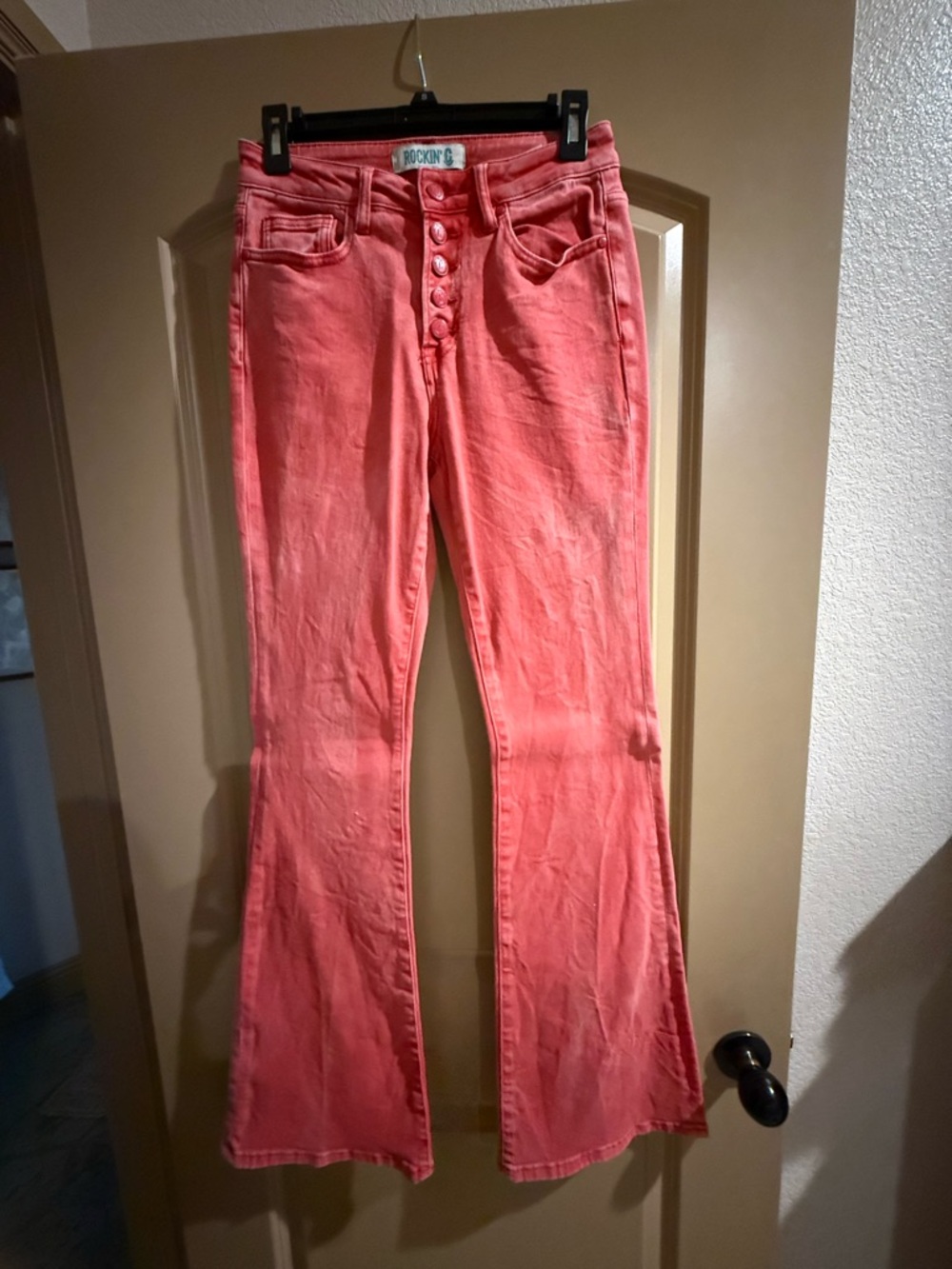 Rockin C Coral/red Flare Jeans Womens 26 Button Fly Distressed Western